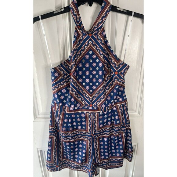 Lulus Blanca Womens Romper Size Large Blue Halter Shorts Flower Print Colorful - Picture 4 of 11